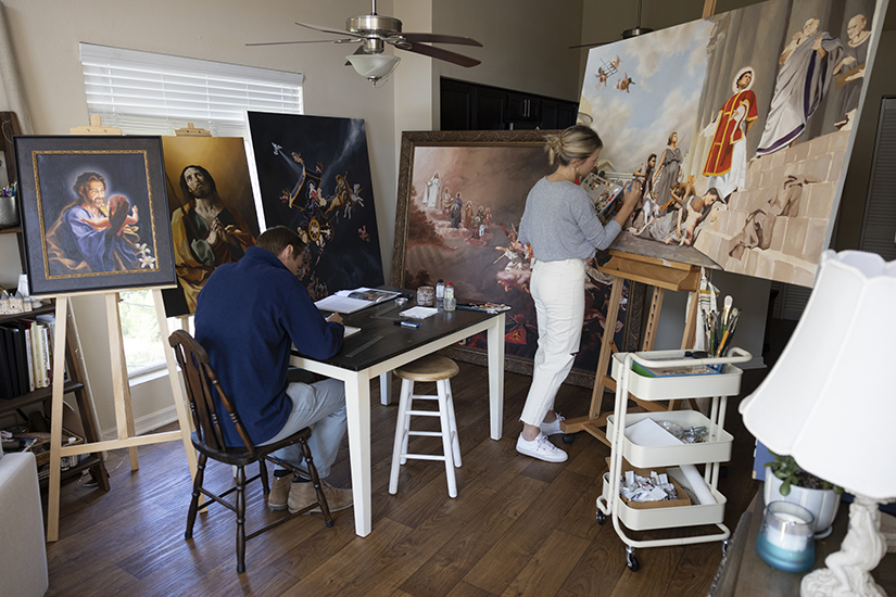 Sibling artists George and Polly Capps of Goretti Fine Art worked in their studio Sept. 30 in Creve Coeur. “We thought this was a way that we could meet a need and glorify God through the talents that He’s given us,” George Capps said about creating art.