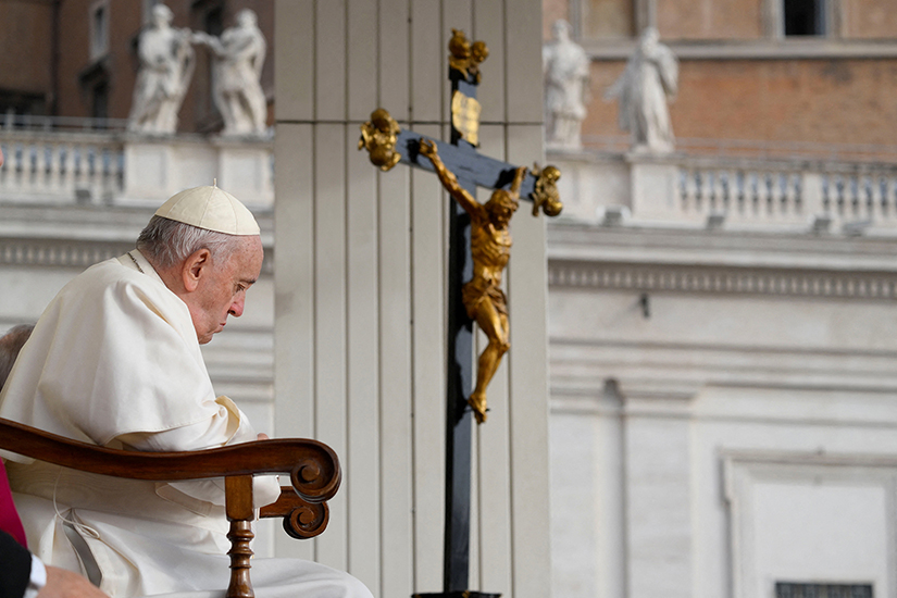 Pope Francis paused during his general audience at the Vatican Oct. 26. While moments of sadness are “an experience common to spiritual life,” the pope said in his talk, the path of goodness “is narrow and uphill.”
