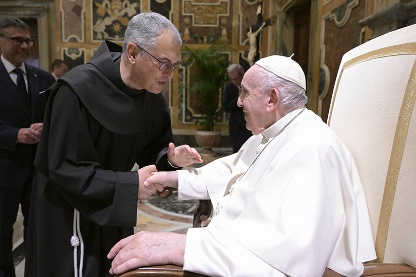 Pope Francis greeted Franciscan Father Massimo Fusarelli, minister general of the Order of Friars Minor, as he met Oct. 31 with people coordinating the 2023-26 celebrations of the 800th anniversaries of important events in the life of St. Francis of Assisi.