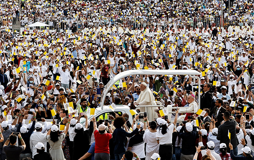Pope Francis arrived to celebrate Mass at Bahrain National Stadium in Awali, Bahrain, Nov. 5.