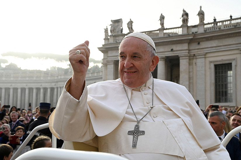 Pope Francis gave a thumbs up as he attended his general audience at the Vatican Oct. 26.