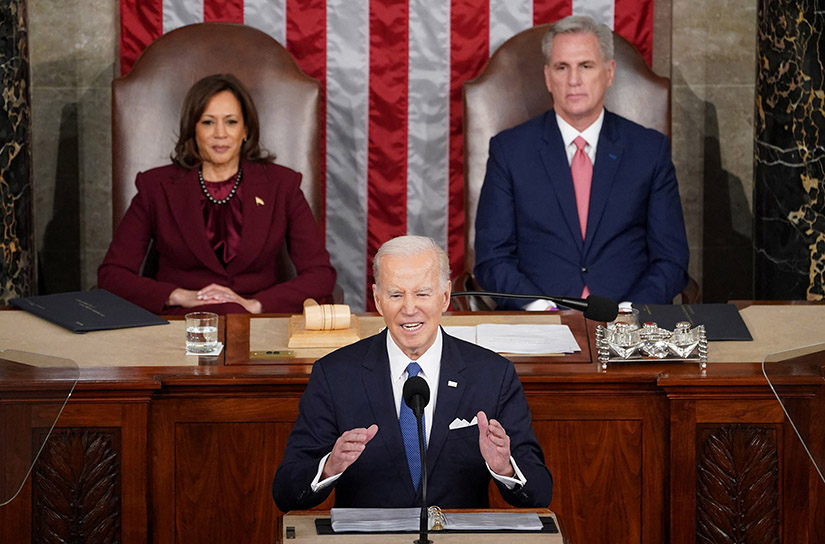 President Joe Biden delivered the State of the Union address at the U.S. Capitol in Washington Feb. 7. Also pictured are Vice President Kamala Harris and House Speaker Kevin McCarthy, R-Calif.