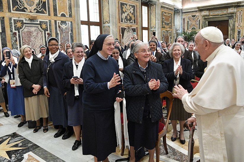 Pope Francis greeted members of the general assembly of the women’s Union of Major Superiors of Italy during an audience at the Vatican April 13.
