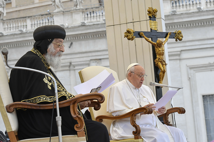 Pope Francis and Coptic Orthodox Pope Tawadros II spoke in St. Peter’s Square at the Vatican May 10. Pope Tawadros was at the Vatican to commemorate the 50th anniversary of a joint declaration signed by the heads of the Catholic and Coptic Orthodox Churches.