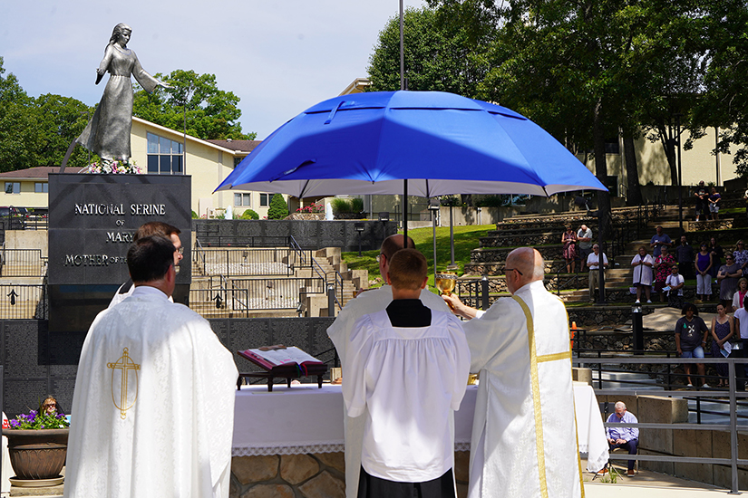 Bishop W. Shawn McKnight of Jefferson City, front, celebrated Mass May 29 at the National Shrine of Mary, Mother of the Church in Laurie. It was the feast of Mary, Mother of the Church, which is celebrated the day after Pentecost and which this year coincided with Memorial Day.