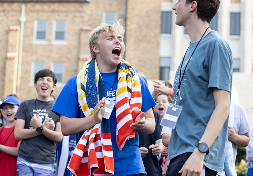 Jack Nowak, center, cheered at the start of the Water Olympics during the 24th annual Kenrick-Glennon Days June 13 at Kenrick-Glennon Seminary in Shrewsbury. Nowak has attended the summer camp as a camper, counselor and now as a seminarian.