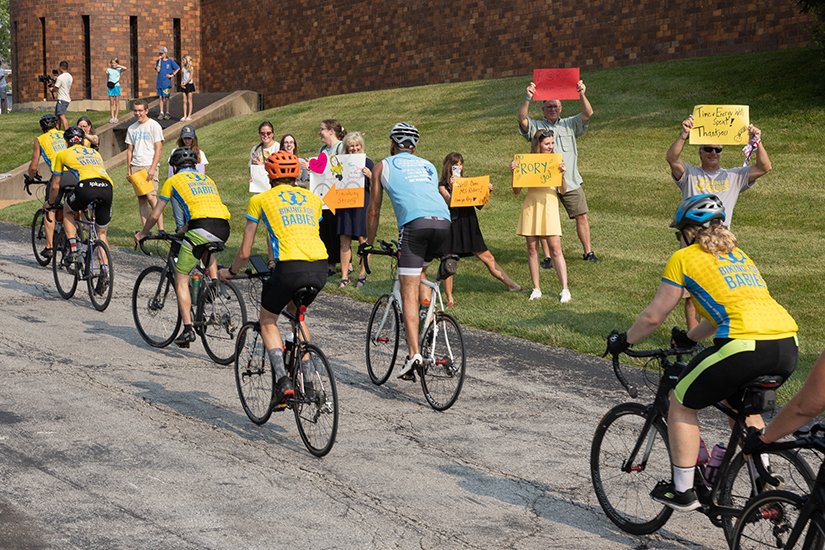 Family members and parishioners at St. Joseph Parish in Manchester welcomed cyclists participating in the Biking for Babies ride to St. Joseph on July 15.