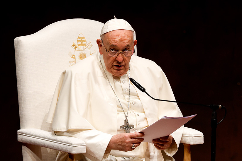 Pope Francis gave a speech to government and political leaders, diplomats and representatives of civil society at the Belém Cultural Center in Lisbon, Portugal, Aug. 2.