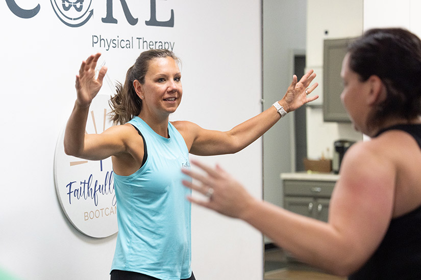 Tiffany Dohrmann, trainer and founder of FaithFully Fit, led a session Aug. 8 in Weldon Spring. Dohrmann, a parishioner at St. Joseph in Cottleville, began FaithFully Fit with other mothers while their children were at soccer practices.