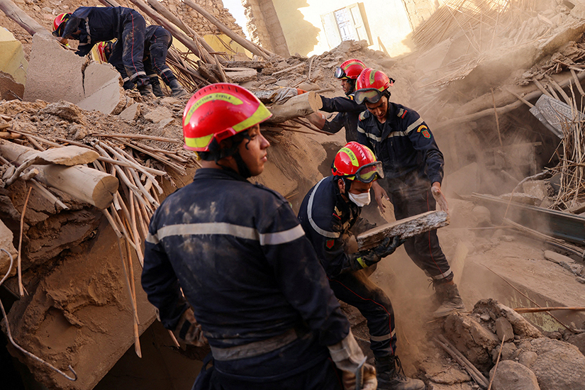 Emergency workers looked for survivors in Amizmiz, Morocco, Sept. 10 in the aftermath of a deadly magnitude 6.8 earthquake. An aftershock rattled Moroccans that day as they mourned victims of the earthquake that struck Sept. 8.