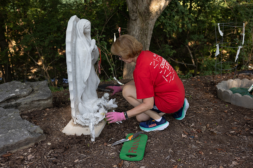 Linda Bastean, a parishioner at St. Elizabeth Ann Seton in St. Charles, worked next to a statue of Our Lady of Guadalupe while tending to landscaping tasks in Rachel’s Healing Garden on Aug. 29 at Resurrection Cemetery in south St. Louis County. The garden was established by the Respect Life Apostolate in the 1990s as a quiet place for women and men who have experienced an abortion to find comfort and healing.
