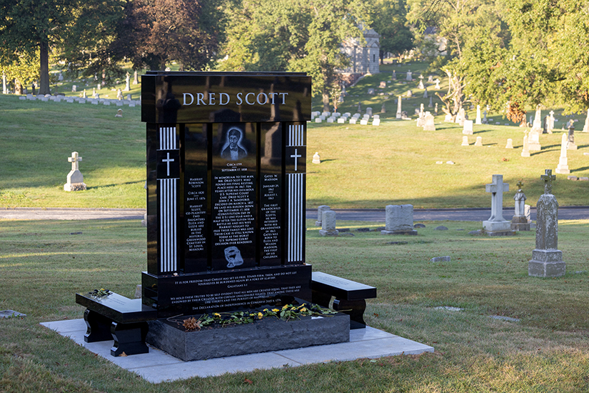 A new memorial adorned the gravesite of Dred Scott Oct. 2 at Calvary Cemetery in St. Louis. The memorial replaced a modest two-and-a-half-foot engraved headstone purchased by a descendant of the Blow family.