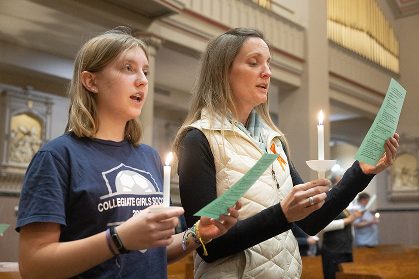 Molly Schiltz, a sophomore at Collegiate School of Medicine and Bioscience, and her mother, Emily Schiltz, participated in a prayer vigil Oct. 24 on the one-year anniversary of the school shooting at the combined campus of Central Visual and Performing Arts High School and Collegiate School of Medicine and Bioscience. Molly and her brother, Ben, were present the day of the shooting. “It was really beyond horrific what they saw and what they experienced,” Emily said. “Part of coming out tonight was to hold space for our own journey through the trauma and finding paths toward healing that we’ve been on. But it’s also to be here to hold space for how many people are affected by gun violence in the U.S. every day.”