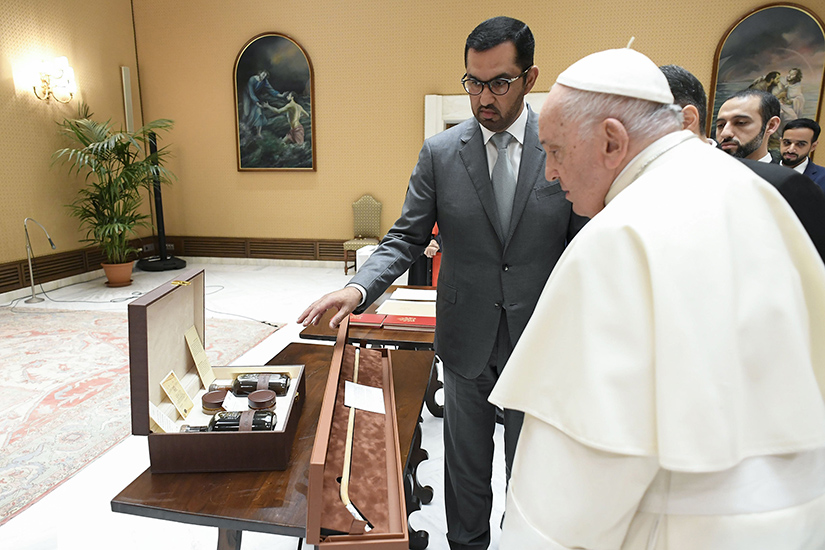 Pope Francis met with Sultan al-Jaber, the president-designate of the 2023 United Nations Climate Change Conference, known as COP28, at the Vatican Oct. 11. COP28 is set to open Nov. 30 in Dubai and the pope will travel there Dec. 1-3.