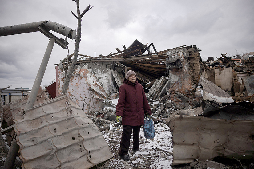 Nadezhda Prokopenko stood in front of a relative’s house Feb. 19 that was destroyed in an airstrike in Selydove, Ukraine.
