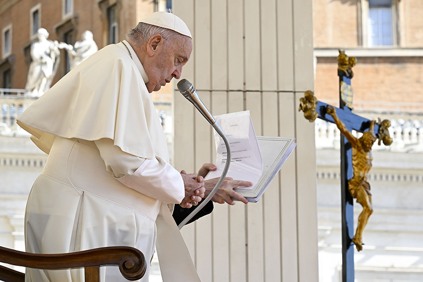 Pope Francis gave a blessing on April 17 at the end of his weekly general audience in St. Peter’s Square at the Vatican.