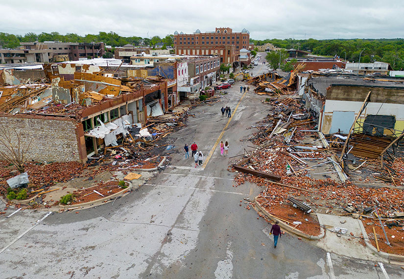 A tornado damaged buildings in Sulphur, Okla., the night of April 27 . Tornadoes killed at least four people in Oklahoma, including an infant, and left thousands without power after a destructive outbreak of severe weather flattened buildings in the heart of the rural town of Sulphur and injured at least 100 people across the state.